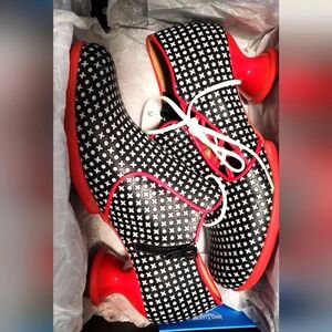 Fluevog black red and white low heels